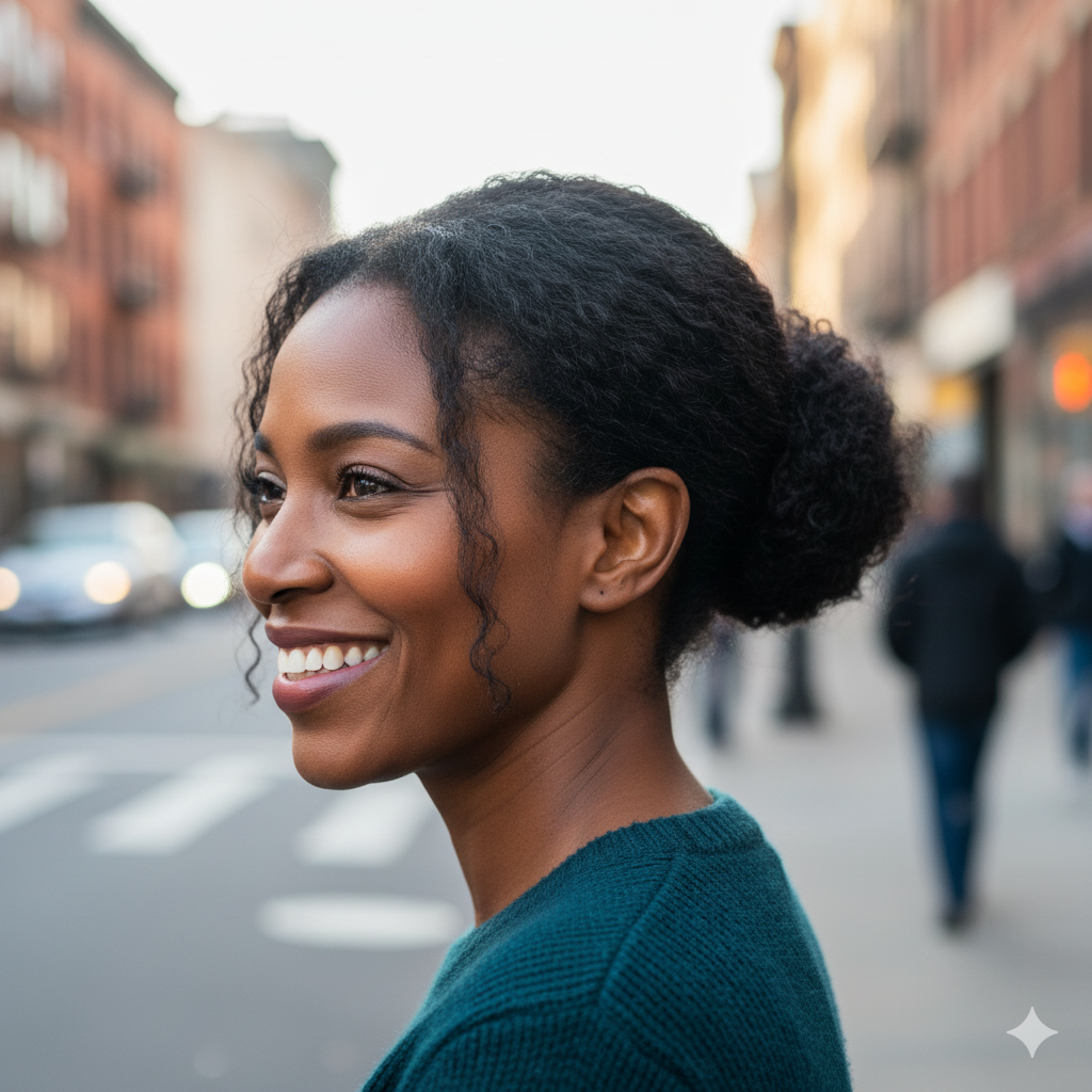 Une femme noire, aux cheveux foncés attachés en un chignon bas, est représentée de profil, regardant vers la gauche avec un sourire radieux. Elle porte un pull en tricot de couleur sarcelle foncée. L'arrière-plan flou suggère une scène de rue urbaine avec des bâtiments, des véhicules et des piétons. Le logo d'un diamant stylisé est visible dans le coin inférieur droit de l'image
