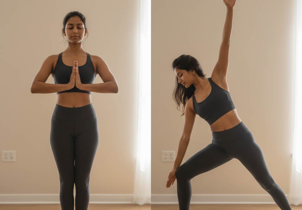 Deux images côte à côte montrent une femme pratiquant le yoga. Sur l'image de gauche, elle se tient debout, les yeux fermés, les paumes pressées l'une contre l'autre devant sa poitrine dans une pose de prière. Sur l'image de droite, elle est penchée sur le côté dans une pose de yoga latérale, son bras gauche étendu vers le haut et son bras droit vers le bas. Elle porte un ensemble de sport noir composé d'un soutien-gorge de sport et d'un legging. L'arrière-plan est un mur de couleur claire.