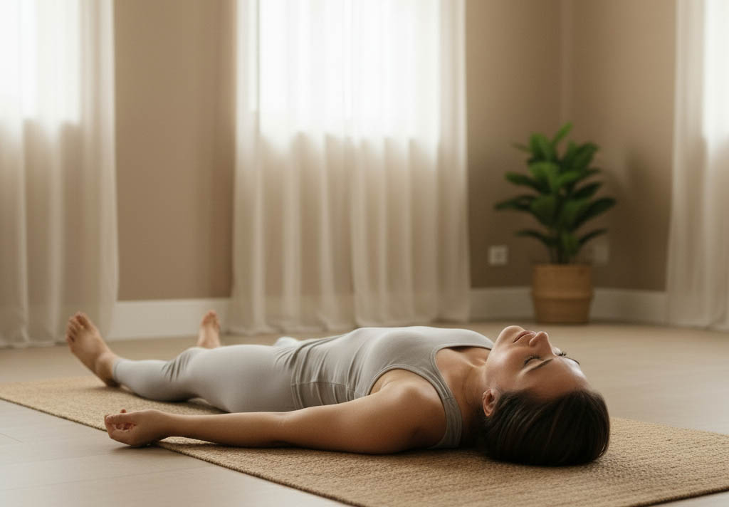 Une femme est allongée sur le dos sur un tapis de yoga en jute tressé, dans la pose de Savasana. Ses bras sont étendus le long de son corps, paumes vers le haut, et ses yeux sont fermés. Elle porte un débardeur et un legging gris clair. En arrière-plan, il y a une fenêtre avec des rideaux blancs transparents et une plante verte en pot.