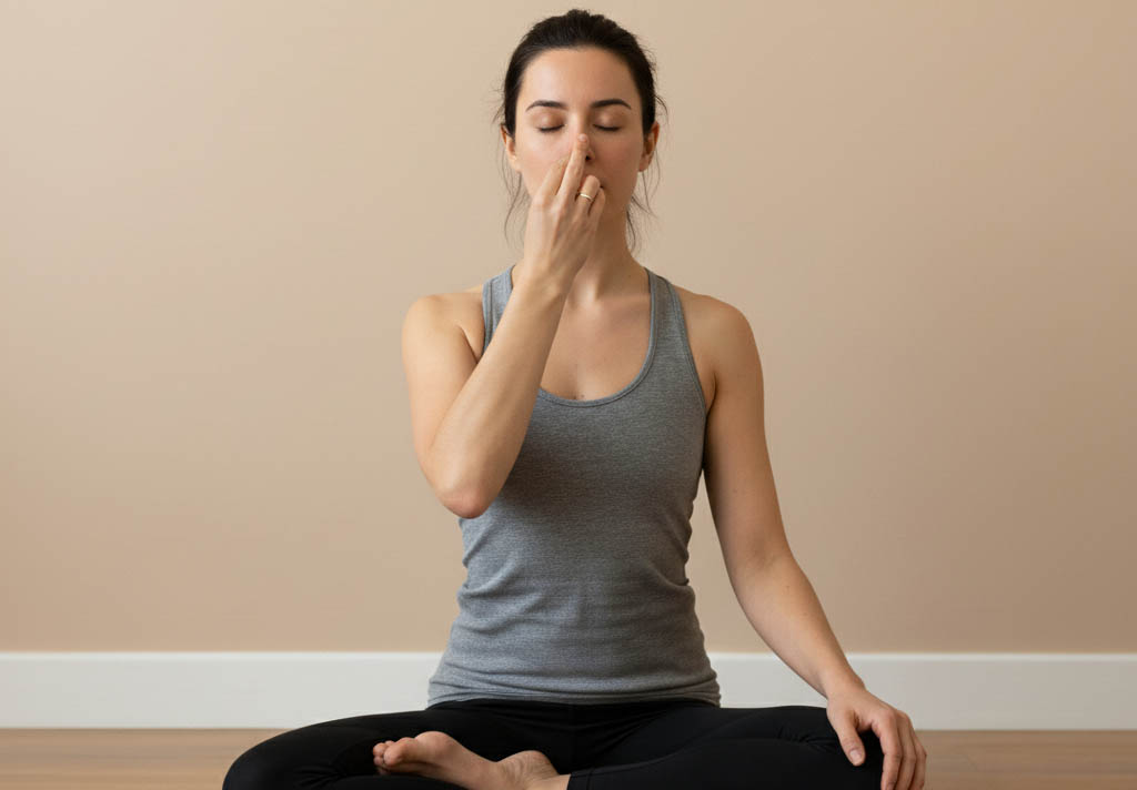 Une femme est assise en tailleur sur un sol en bois clair, les yeux fermés. Elle pratique le pranayama (exercices de respiration), tenant son pouce et son annulaire sur son nez, pour une respiration alternée des narines. Elle porte un débardeur gris et un pantalon de yoga noir. L'arrière-plan est un mur beige uni.