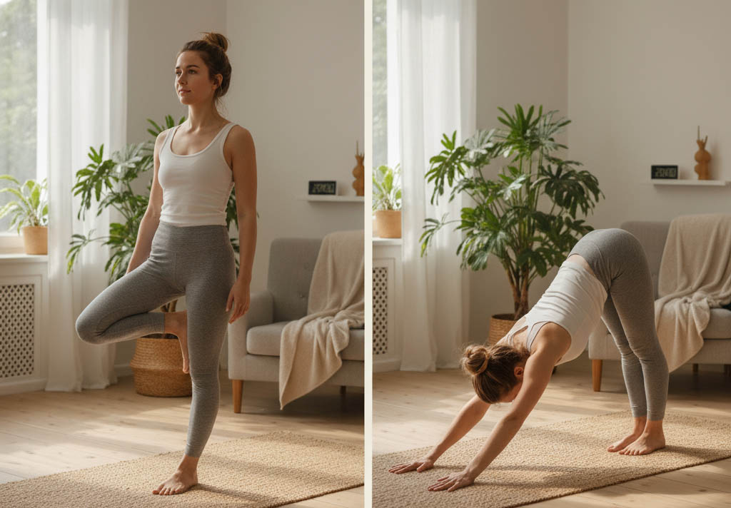 Deux images côte à côte montrent une femme pratiquant le yoga dans un salon lumineux. Sur l'image de gauche, elle se tient debout dans la posture de l'arbre, son pied droit posé sur l'intérieur de sa cuisse gauche,  regardant droit devant elle. Sur l'image de droite, elle est en posture du chien tête en bas, le corps formant un V inversé, les mains et les pieds au sol. Elle porte un débardeur blanc et un legging de yoga gris clair. Le salon est meublé d'un canapé gris, de plantes en pot et a de grandes fenêtres.
