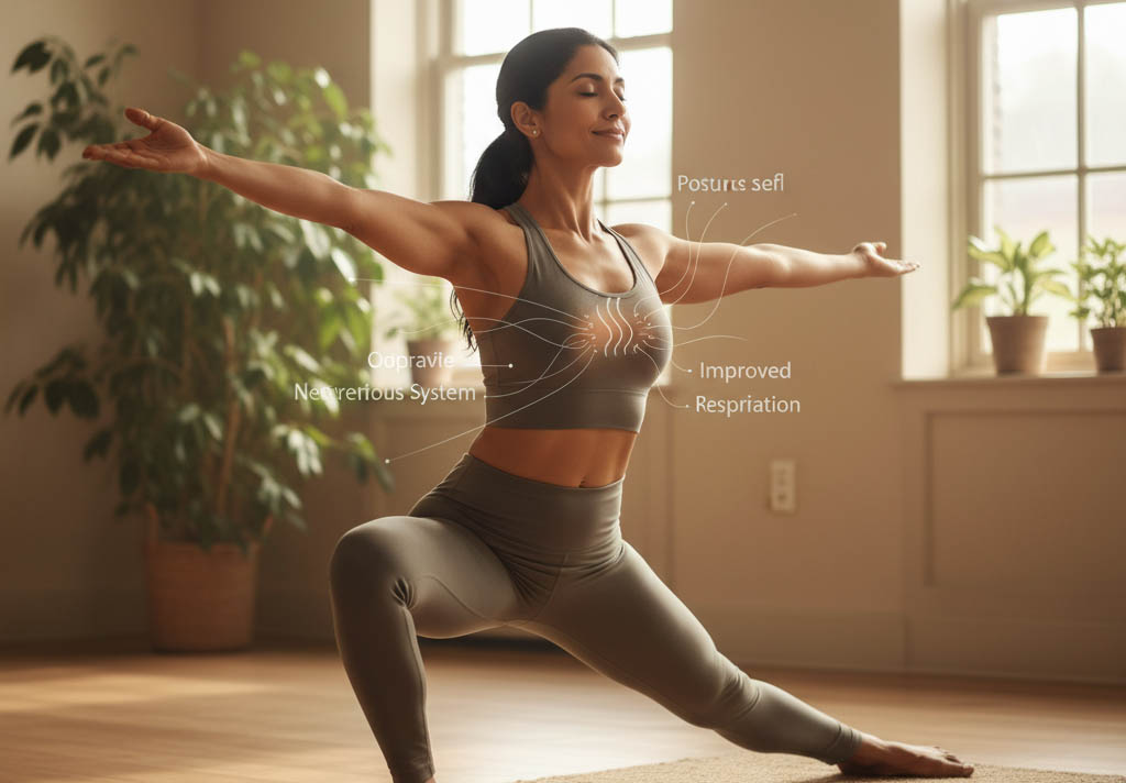 Une femme aux cheveux noirs est représentée en train de pratiquer le yoga dans une pose de guerrier II. Elle est de profil, le genou avant plié et les bras étendus à l'horizontale, les paumes vers le bas. Elle porte un ensemble de yoga gris composé d'un soutien-gorge de sport et d'un legging. Sur son torse, des lignes blanches rayonnent vers des annotations textuelles, dont 'Posturs sefl', 'Oopravie Necterious System' et 'Improved Respiration', suggérant les bienfaits physiques du yoga. L'arrière-plan montre une pièce lumineuse avec des fenêtres et des plantes en pot.