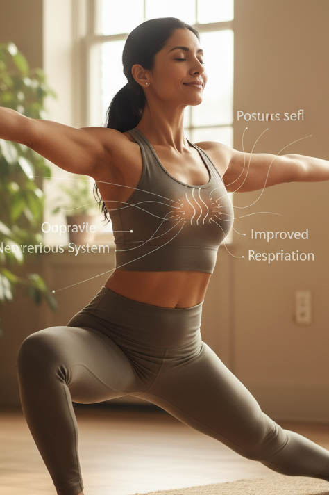 Une femme aux cheveux noirs est représentée en train de pratiquer le yoga dans une pose de guerrier II. Elle est de profil, le genou avant plié et les bras étendus à l'horizontale, les paumes vers le bas. Elle porte un ensemble de yoga gris composé d'un soutien-gorge de sport et d'un legging. Sur son torse, des lignes blanches rayonnent vers des annotations textuelles, dont 'Posturs sefl', 'Oopravie Necterious System' et 'Improved Respiration', suggérant les bienfaits physiques du yoga. L'arrière-plan montre une pièce lumineuse avec des fenêtres et des plantes en pot.