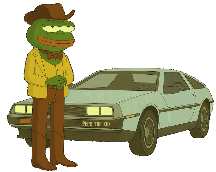 Pepe The Kid beside a retro time-rider coupe in the Wild West