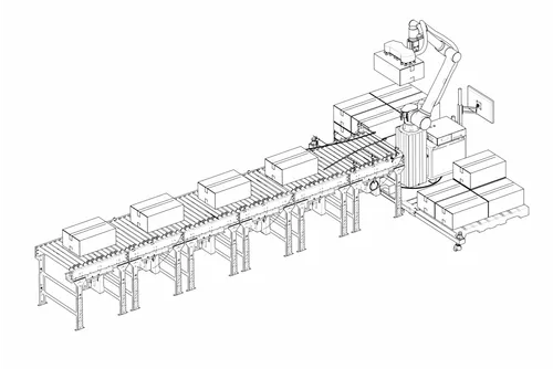 Automated palletizing robot arm stacking boxes on pallets beside a conveyor belt holding boxes.