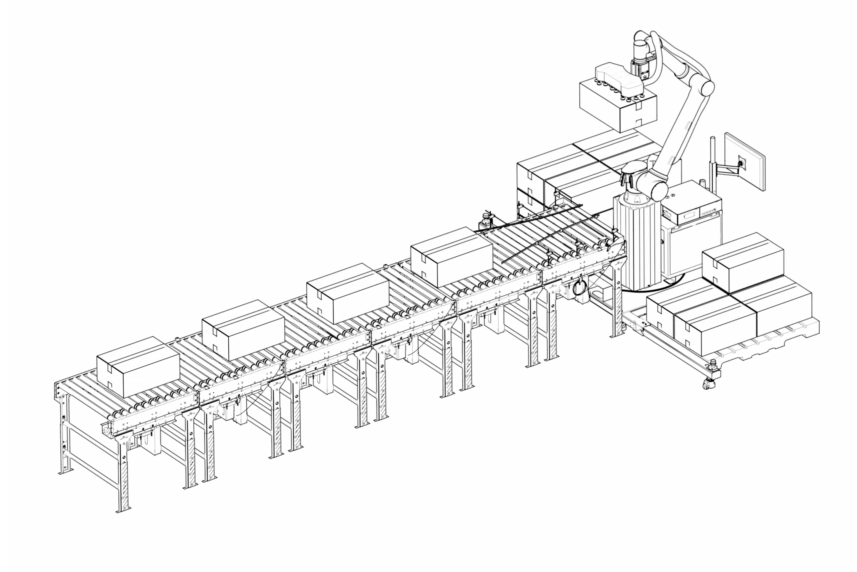 Automated palletizing robot arm stacking boxes on pallets beside a conveyor belt holding boxes.