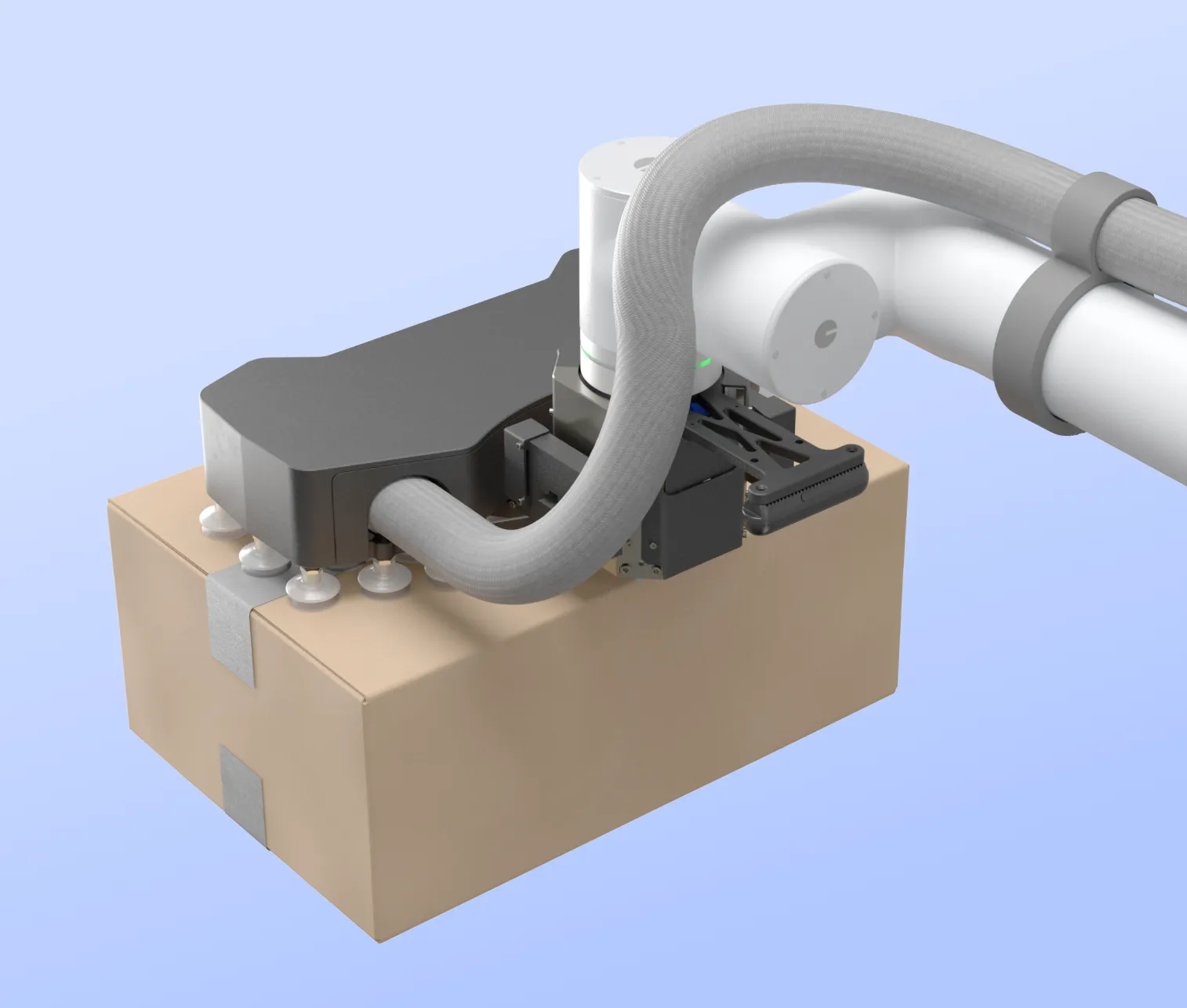 Robotic arm with flexible tubing attached holds a brown cardboard box with tape on a light blue background.