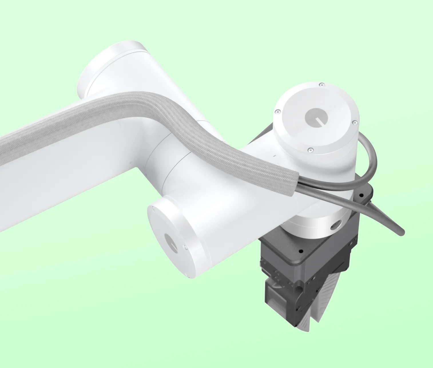 Close-up of a white robotic arm with black cables and a gripper on a light green background.
