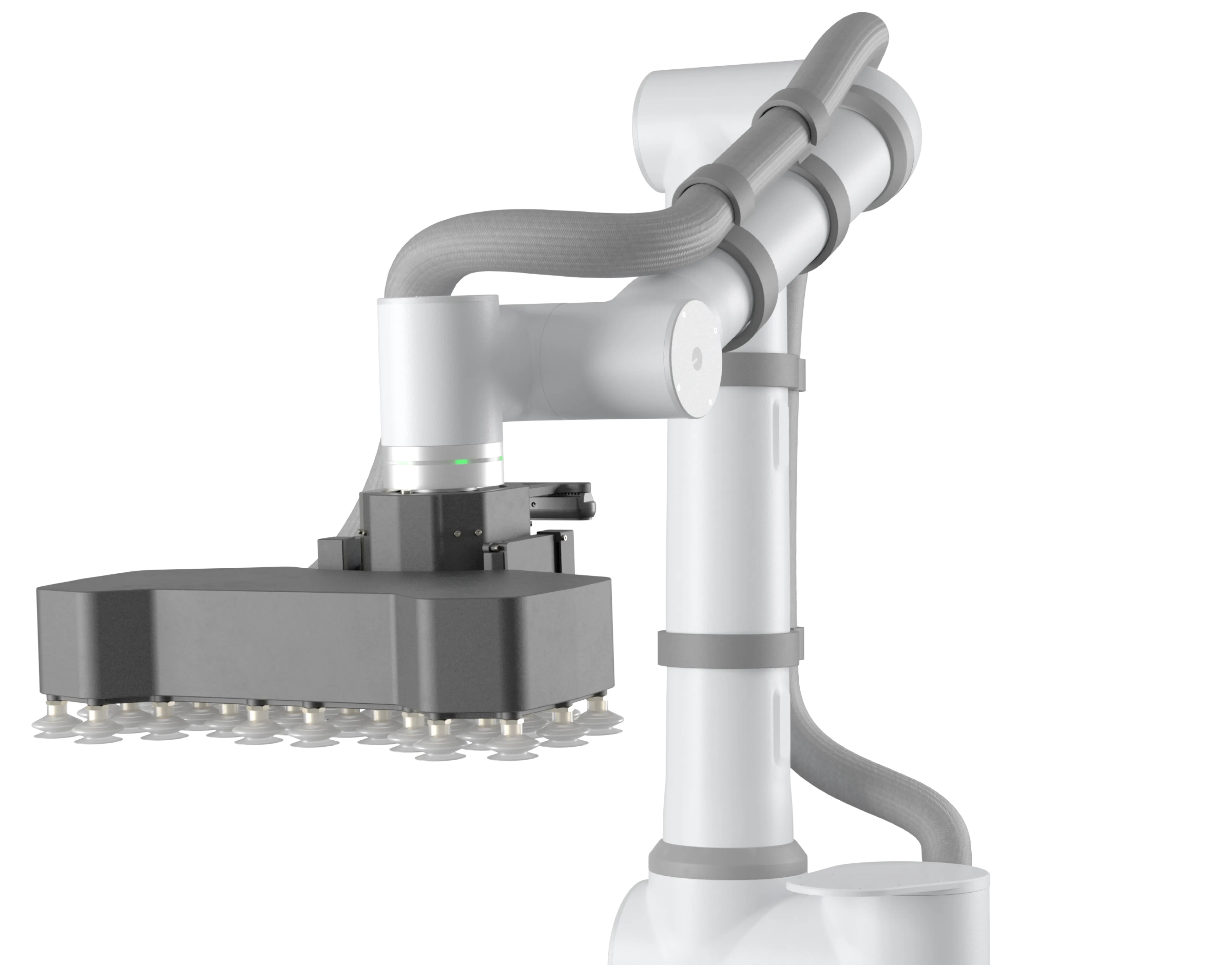 White robotic arm with a black rectangular suction gripper attached, featuring multiple small suction cups underneath.