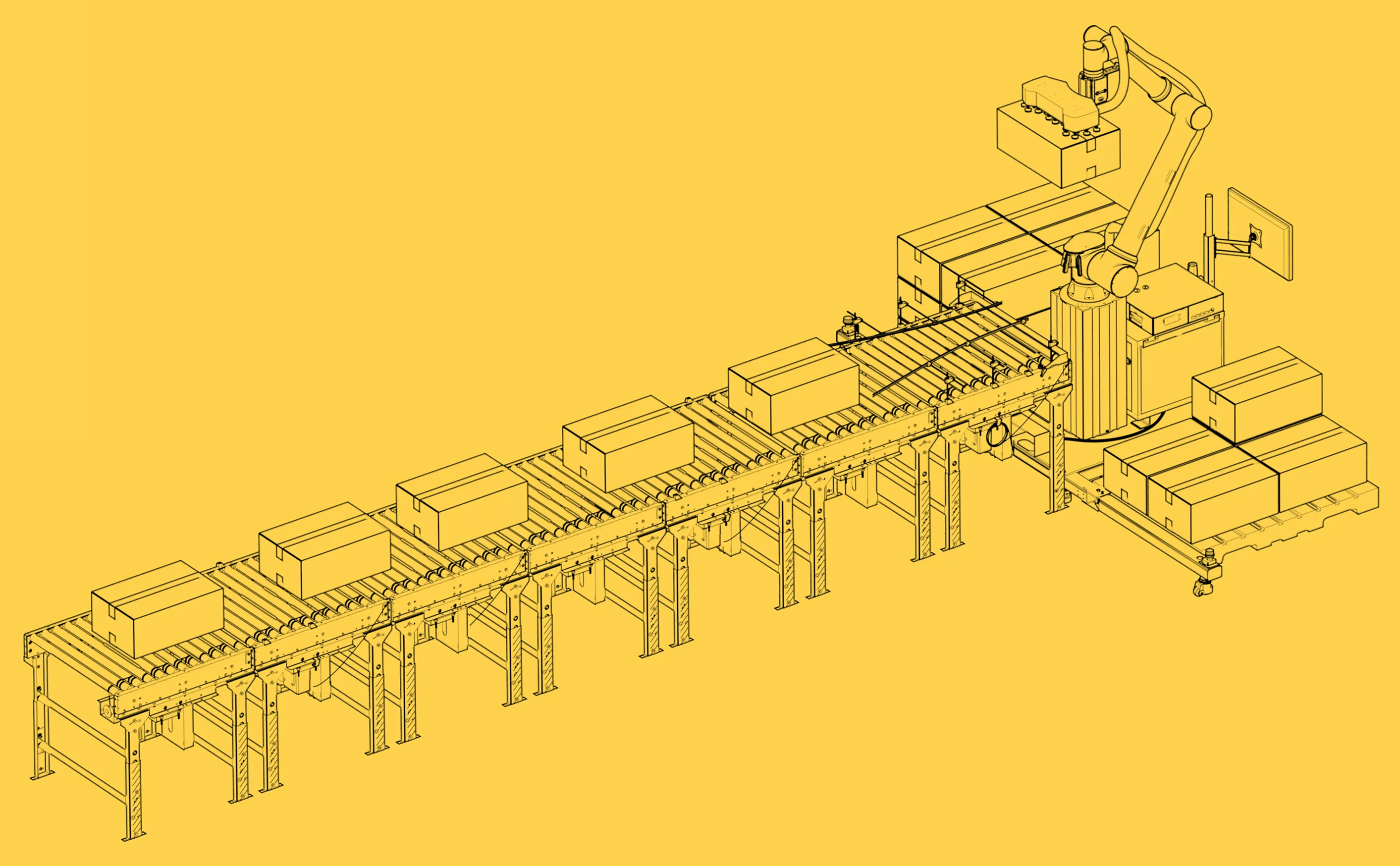 Line drawing of an automated conveyor system with a robotic arm packaging boxes on a yellow background.