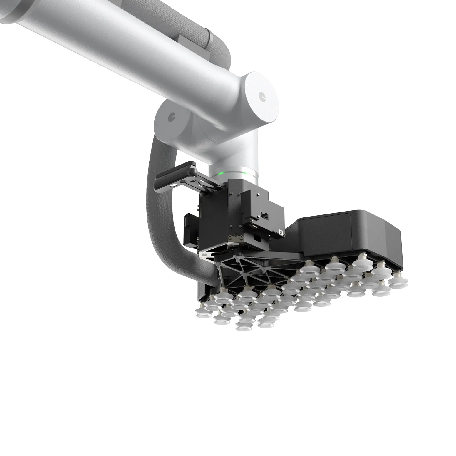 Close-up view of a robotic arm with a multi-suction cup end effector for handling objects.