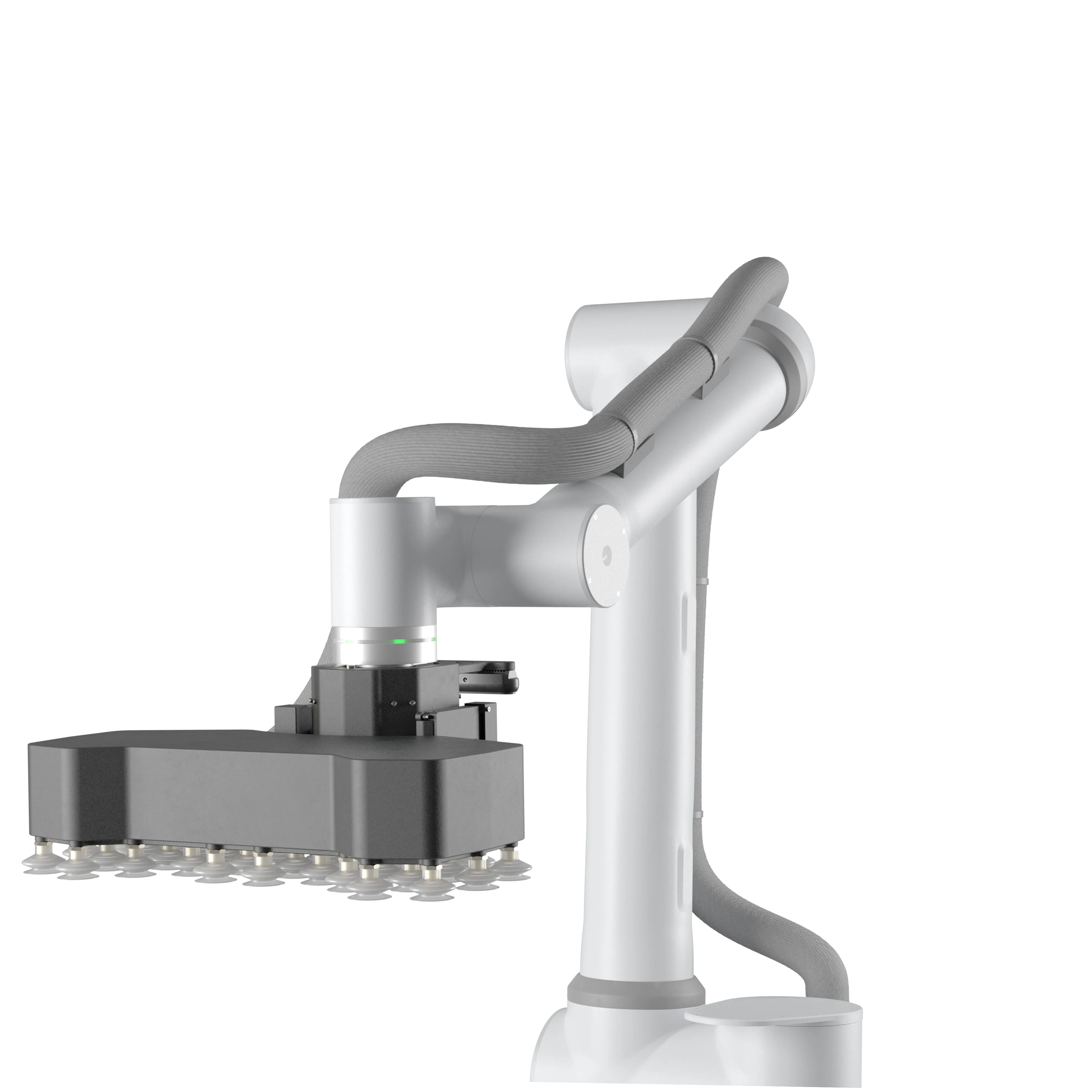 White industrial robotic arm with a black rectangular gripper equipped with multiple suction cups.