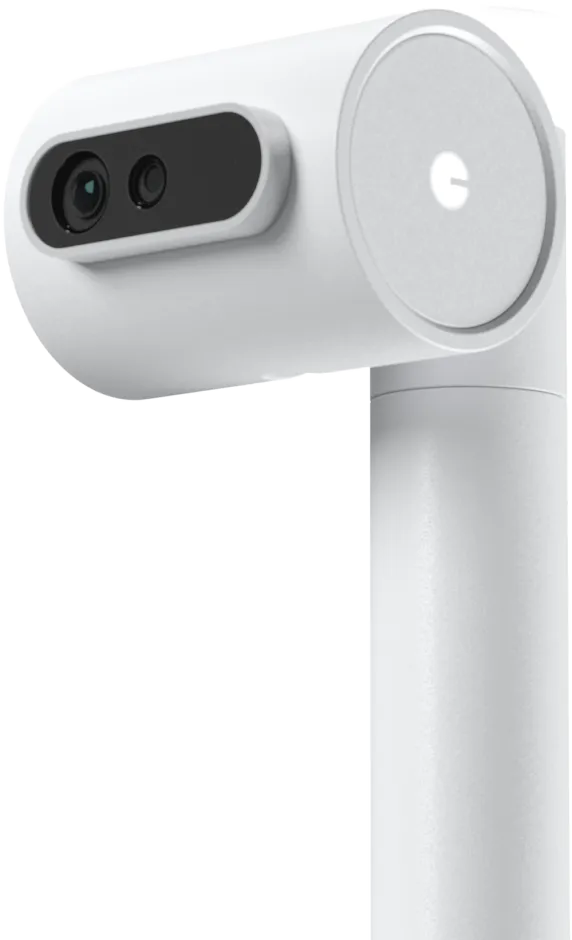 White handheld device with two circular sensors on the front and a circular button on the side.