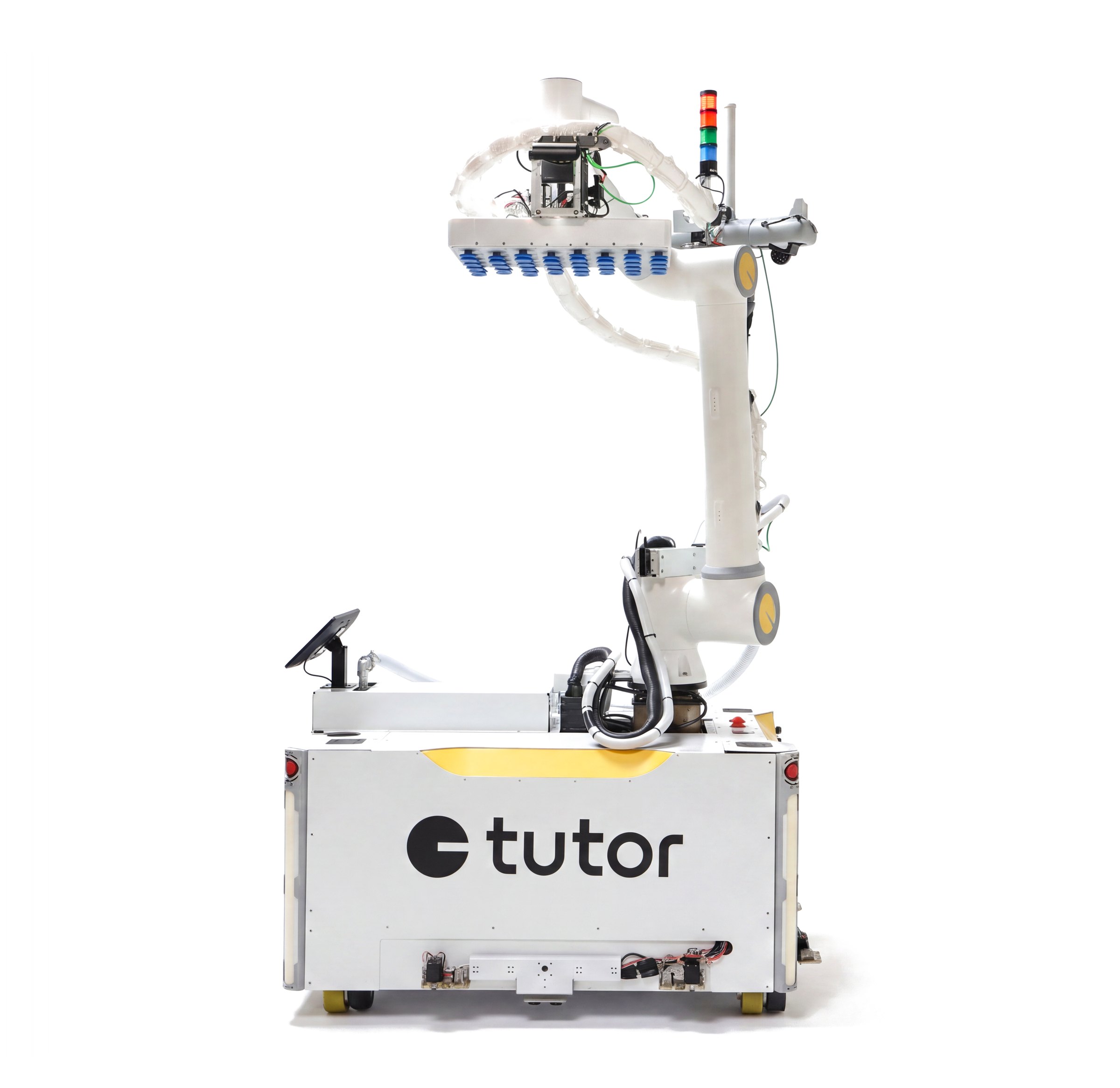 Cassie, Tutor's mobile robot worker, in side profile with its vacuum gripper raised.