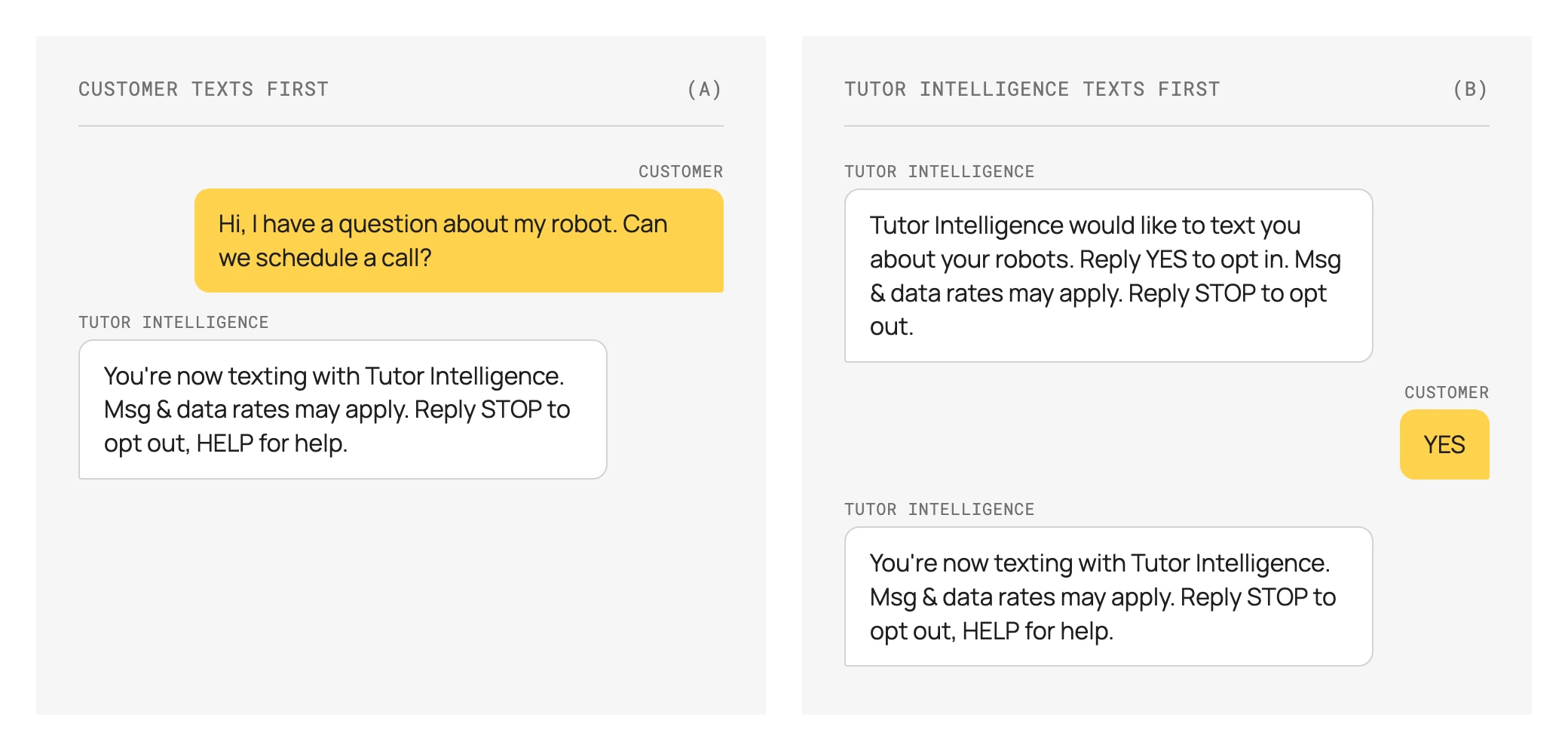 Two example text threads showing how a customer opts in to SMS: by texting Tutor first, or by replying YES to Tutor's request.