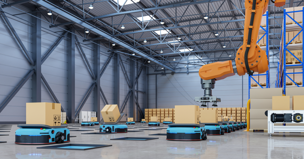 automated warehouse with robots moving and stacking boxes under a large robotic arm