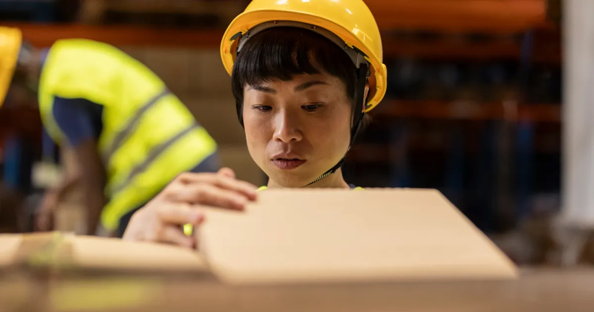 worker in a hard hat inspecting a cardboard box