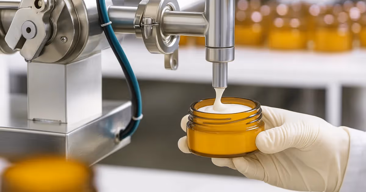 automated machine filling a cosmetic cream jar held by a gloved hand