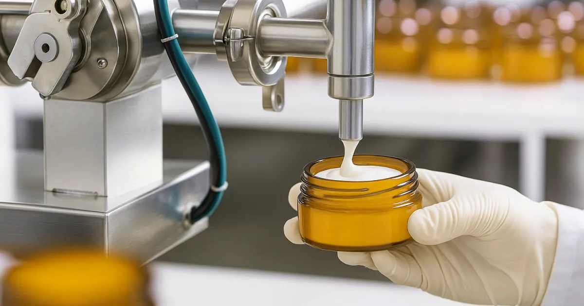 automated machine filling a cosmetic cream jar held by a gloved hand