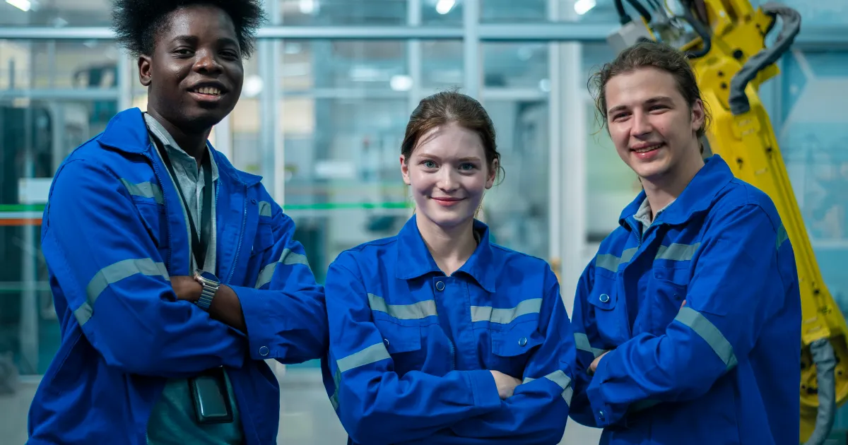 three young manufacturing workers in blue coveralls smiling with arms crossed