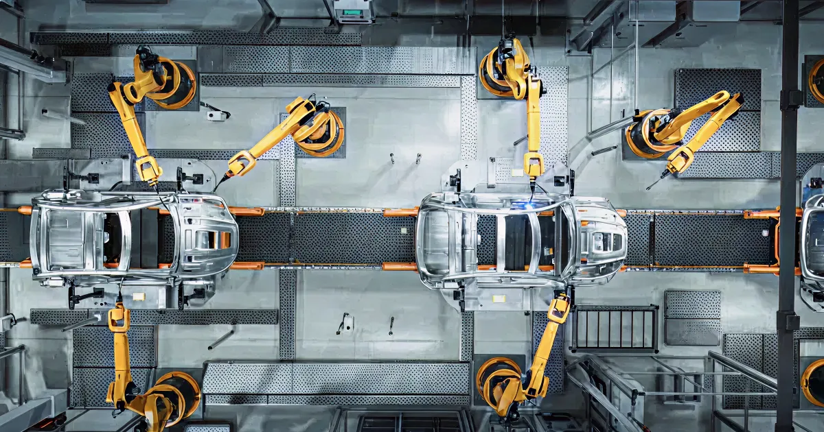 robotic arms assembling car bodies on an automated production line