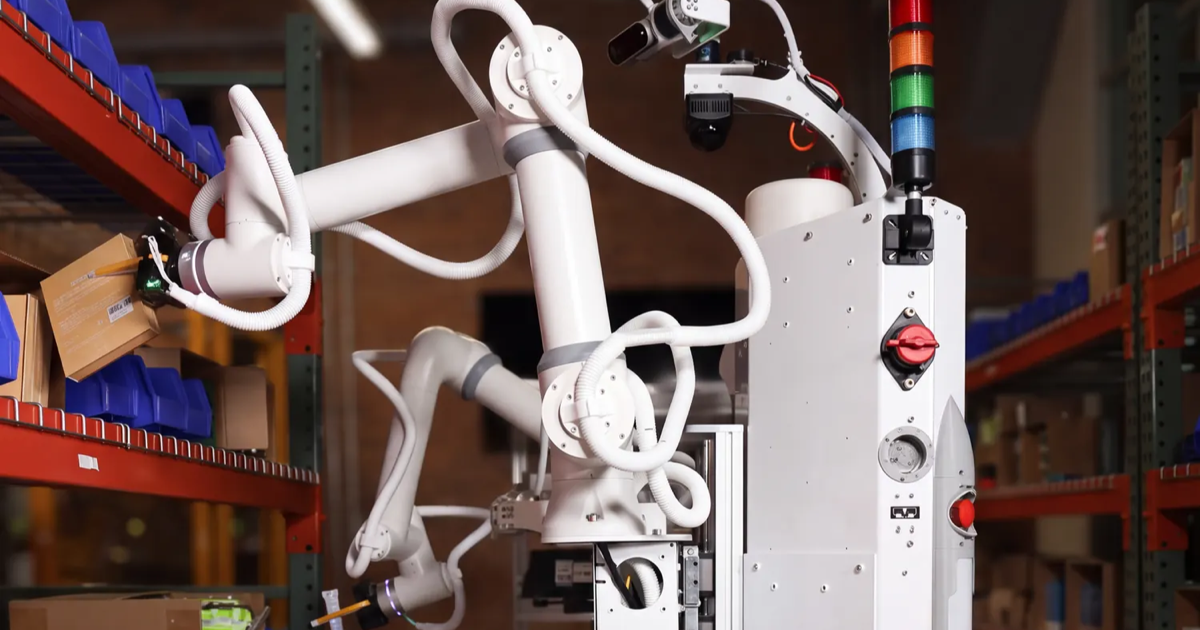 Tutor Intelligence's next-generation Sonny robot picking an item from warehouse racking.
