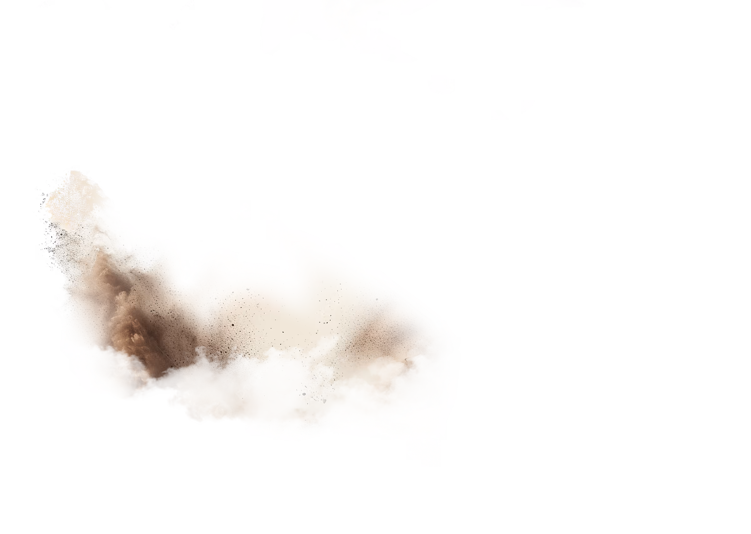 Light brown and beige dust cloud crashing and dispersing on black background.