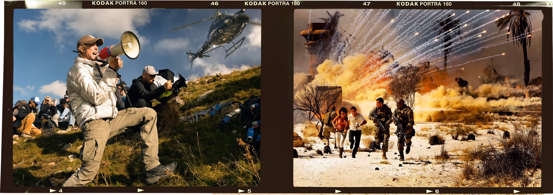Two side-by-side film frames: left shows a director with a megaphone and crew filming a helicopter on a grassy hill; right shows a chaotic scene with people running and explosions in a desert-like setting.