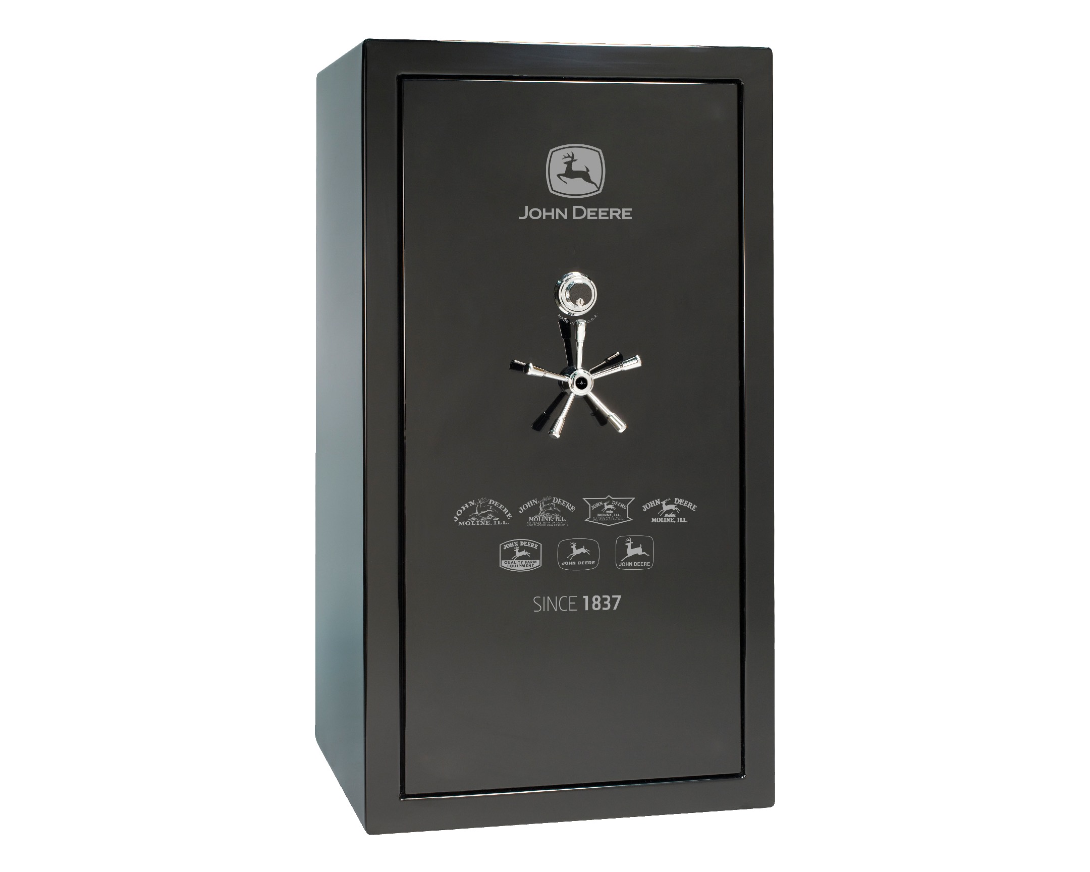 A black safe with a silver lock that displays the words "John Deere" on the front with the logo.