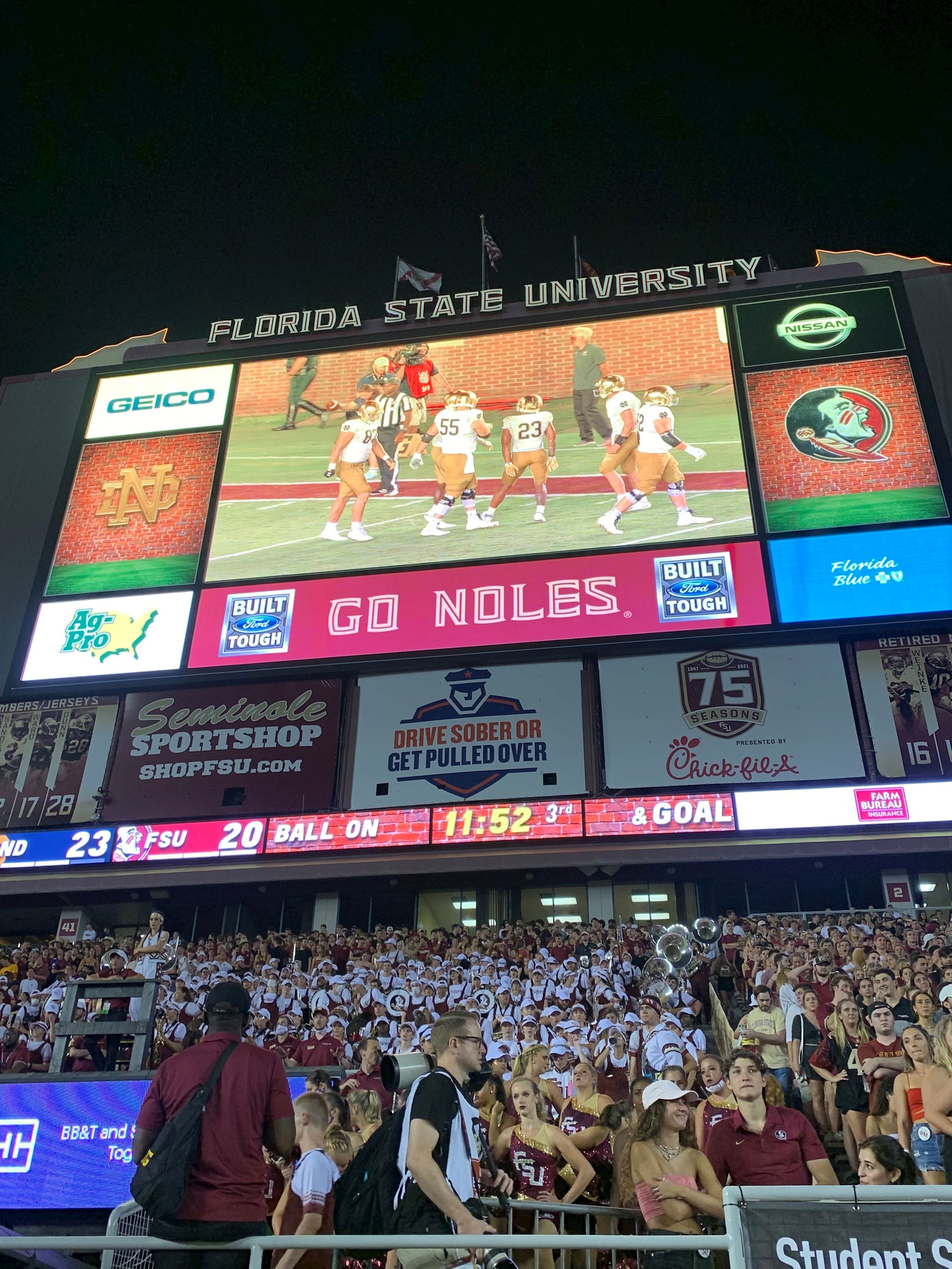 Ag-Pro's logo appears on the video board at a Florida State University football game.