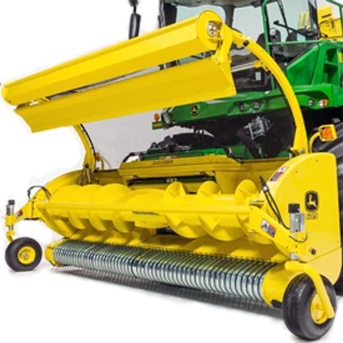 Studio, front left view of a yellow windrow pickup, featuring roller compressor with alfalfa plate attached
