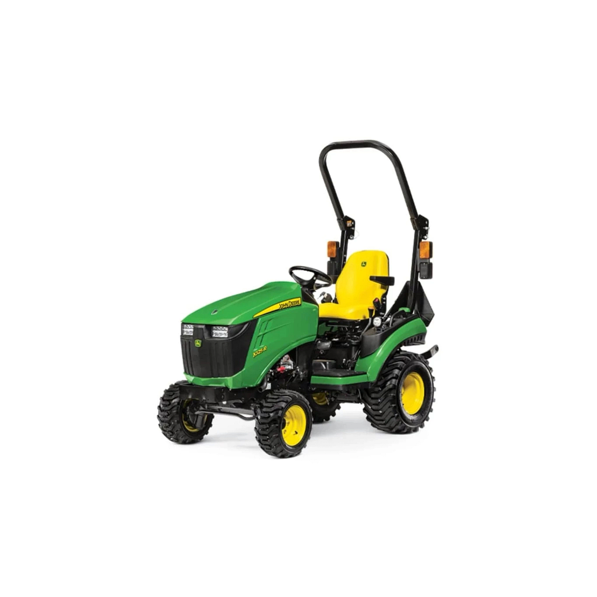 1025R Tractor Sub-Compact Tractors with a green tractor with a yellow seat and a black handle