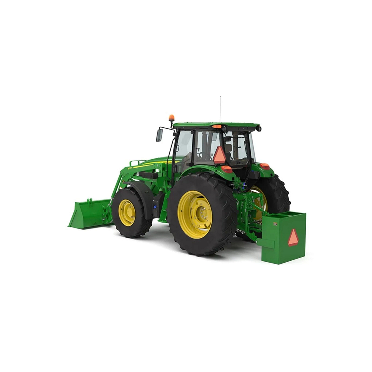 Studio image with a rear left view of a 6105E Utility Tractor