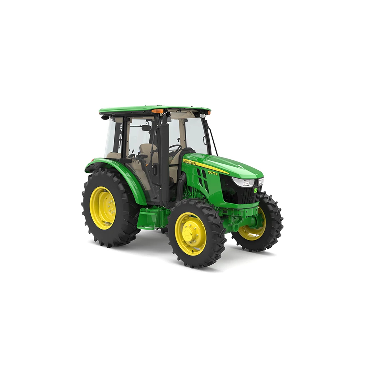 Studio image with a front right view of a 5075E Utility Tractor