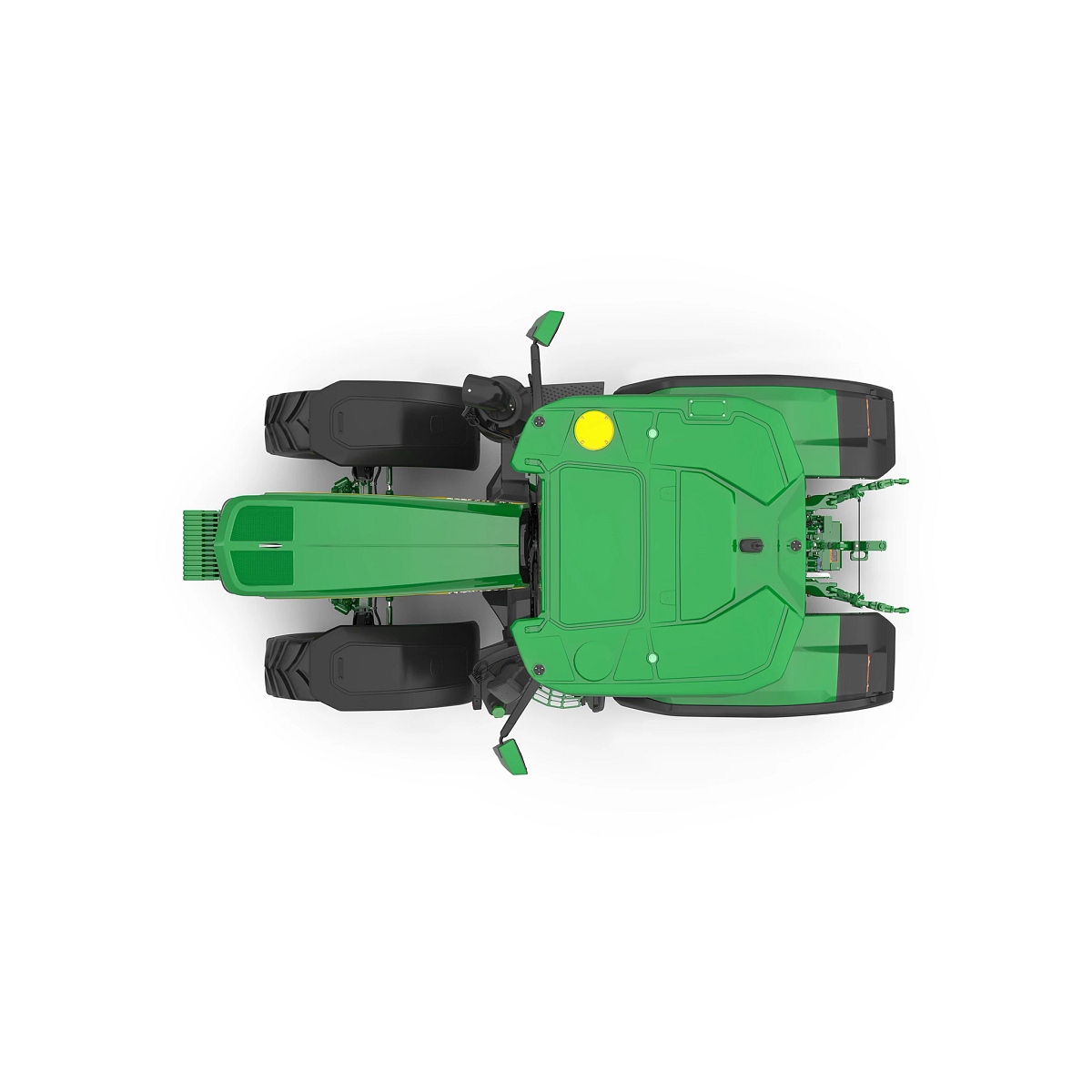Top view studio graphic of a green 6R 230 tractor on white background.