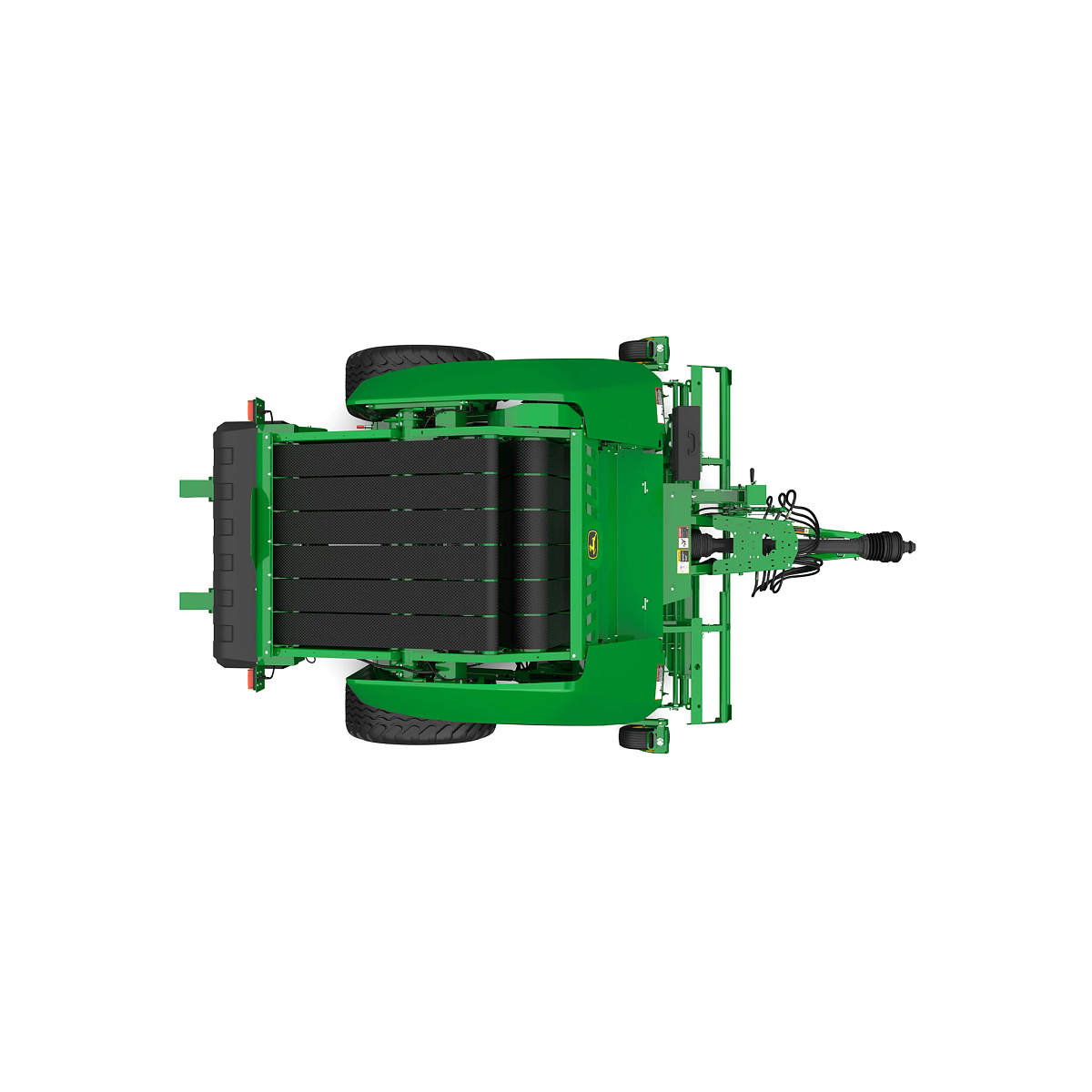 Studio rendering of V452M round baler top-down view on a white background, showing the tow hitch, hydraulic hoses, bale chamber belts, large tires, pickup assembly, and overall machine frame layout