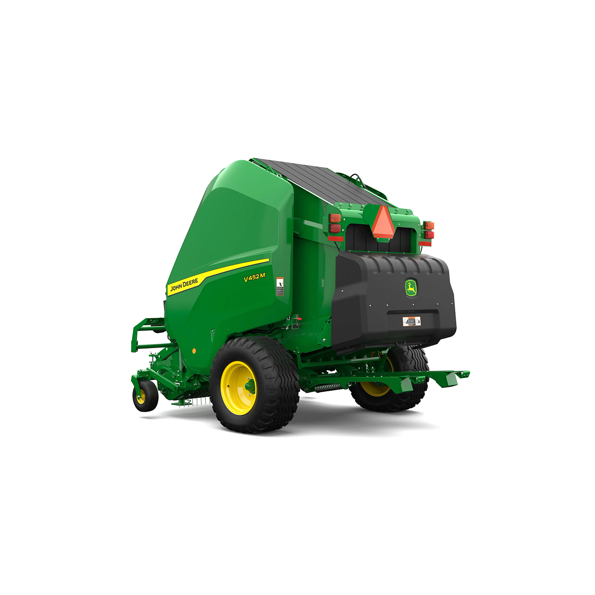 Studio rendering of V452M round baler shown from a rear three-quarter angle on a white background, featuring a green body, yellow wheels, rear cover with John Deere logo, safety reflector, warning markings, and enclosed bale chamber