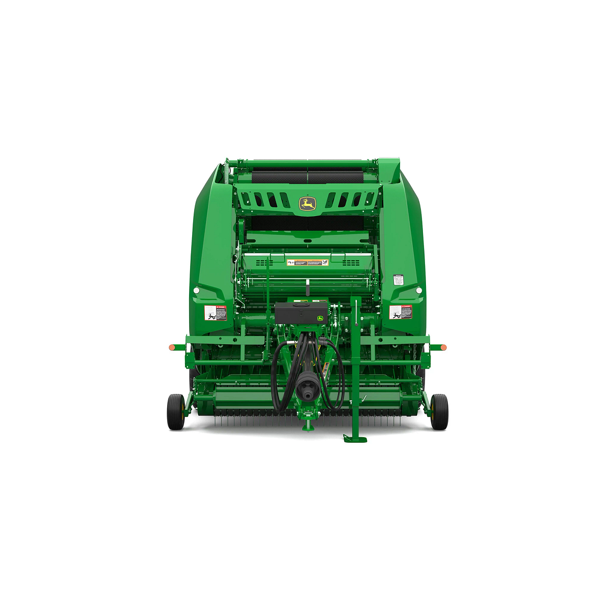 Studio rendering of V452R round baler shown from the front on a white background, featuring a green body, pickup assembly, PTO driveline, hydraulic hoses, front support stand, and enclosed bale chamber housing