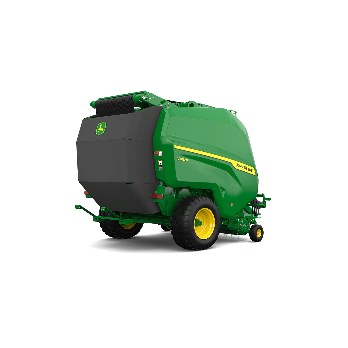 Studio rendering of V452R round baler shown from a rear three-quarter angle on a white background, featuring a green body, yellow wheels, rear cover with John Deere logo, safety reflector, visible bale chamber belts, and rear discharge ramp