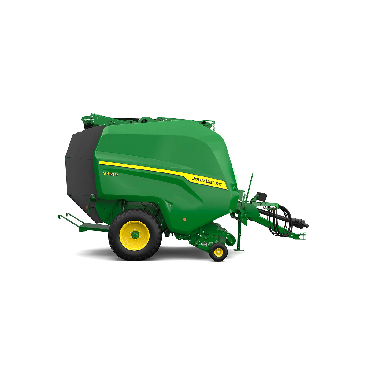 Studio rendering of V452R round baler shown in right-side profile on a white background, featuring a green body, yellow wheel, enclosed bale chamber, pickup assembly, PTO driveline, hydraulic hoses, front support stand, and rear discharge ramp