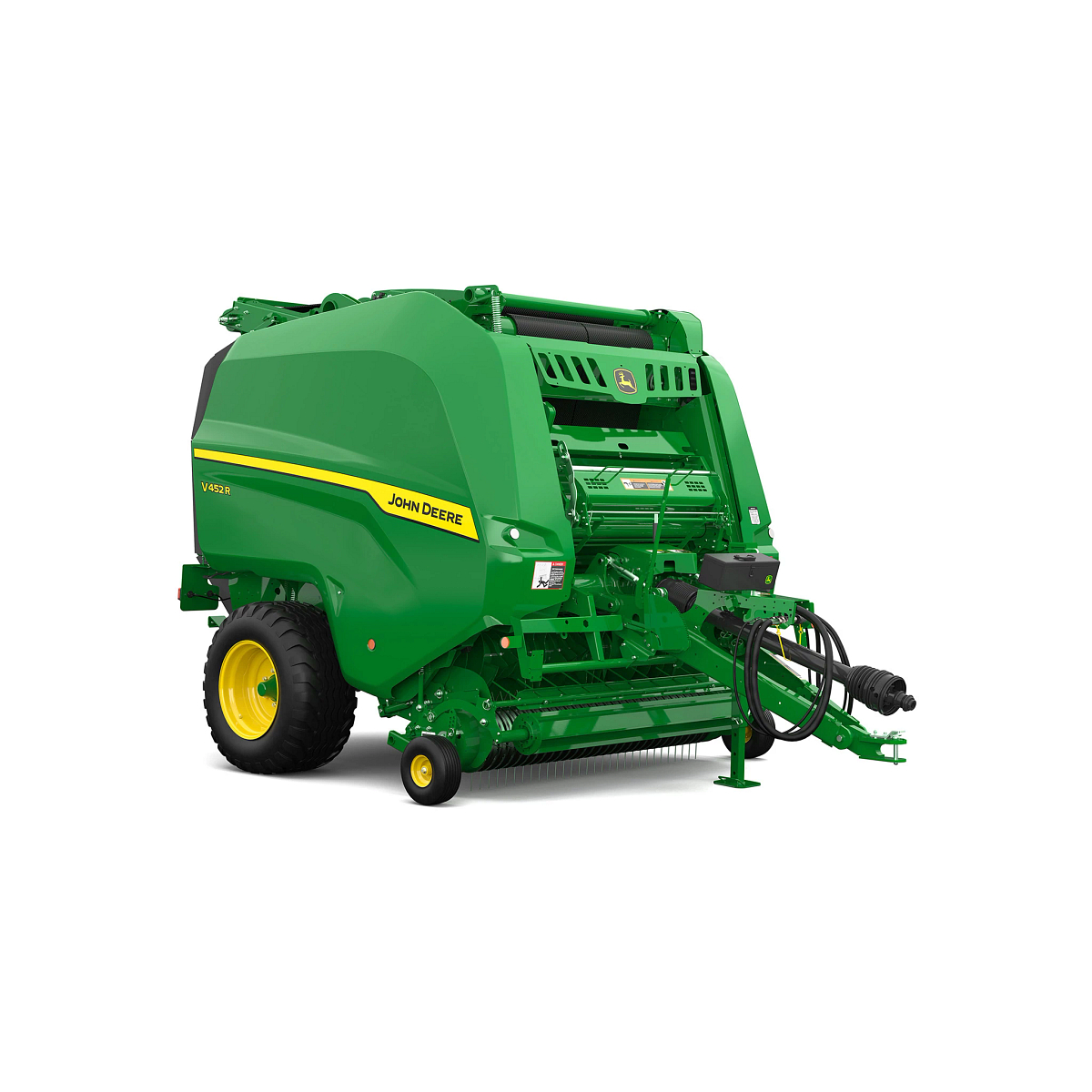 Studio rendering of V452R round baler shown from a front three-quarter angle on a white background, featuring a green body, yellow wheel, pickup assembly, PTO driveline, hydraulic hoses, front support stand, and enclosed bale chamber housing