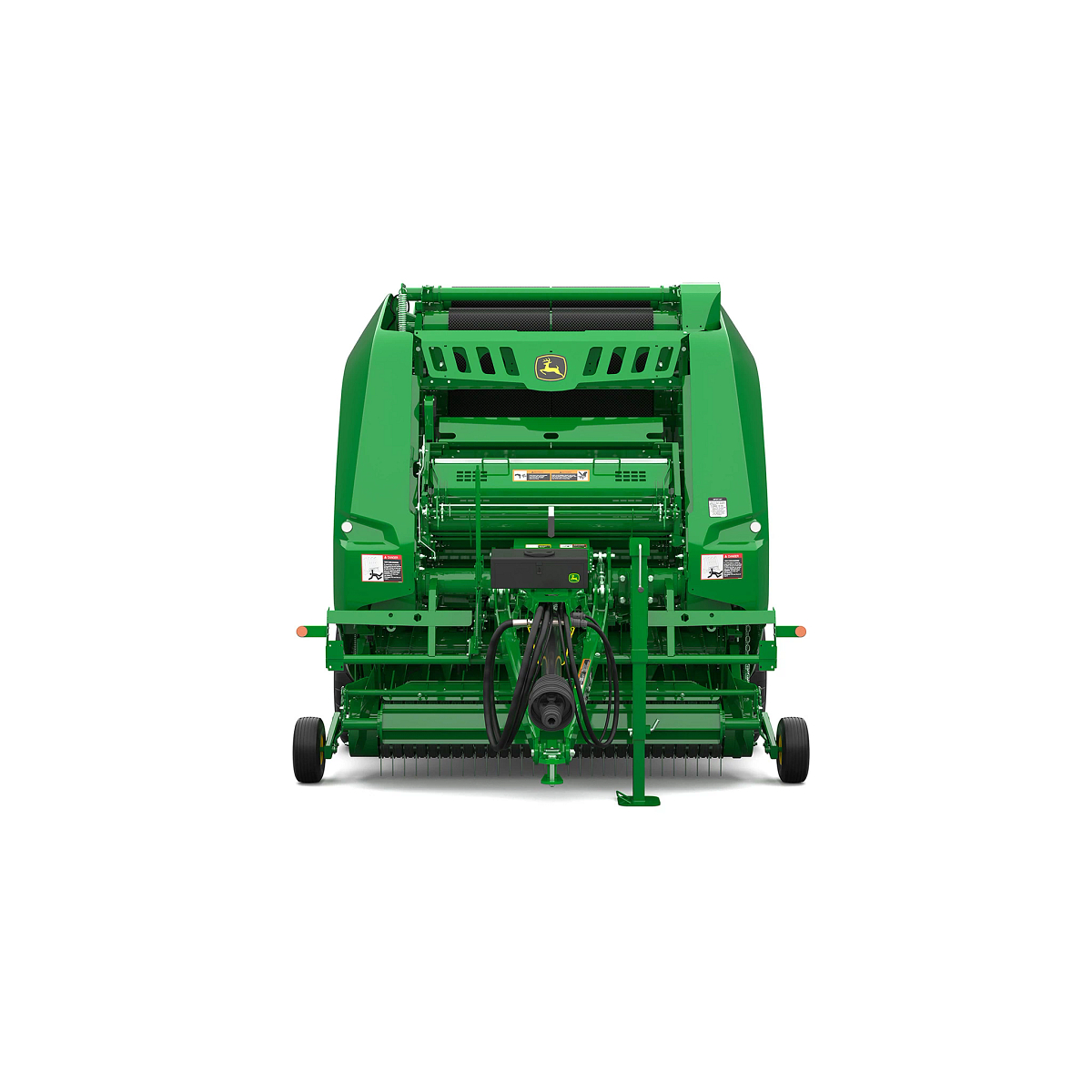 Studio rendering of V462R round baler shown from the front on a white background, featuring a green body, pickup assembly, PTO driveline, hydraulic hoses, front support stand, and enclosed bale chamber housing