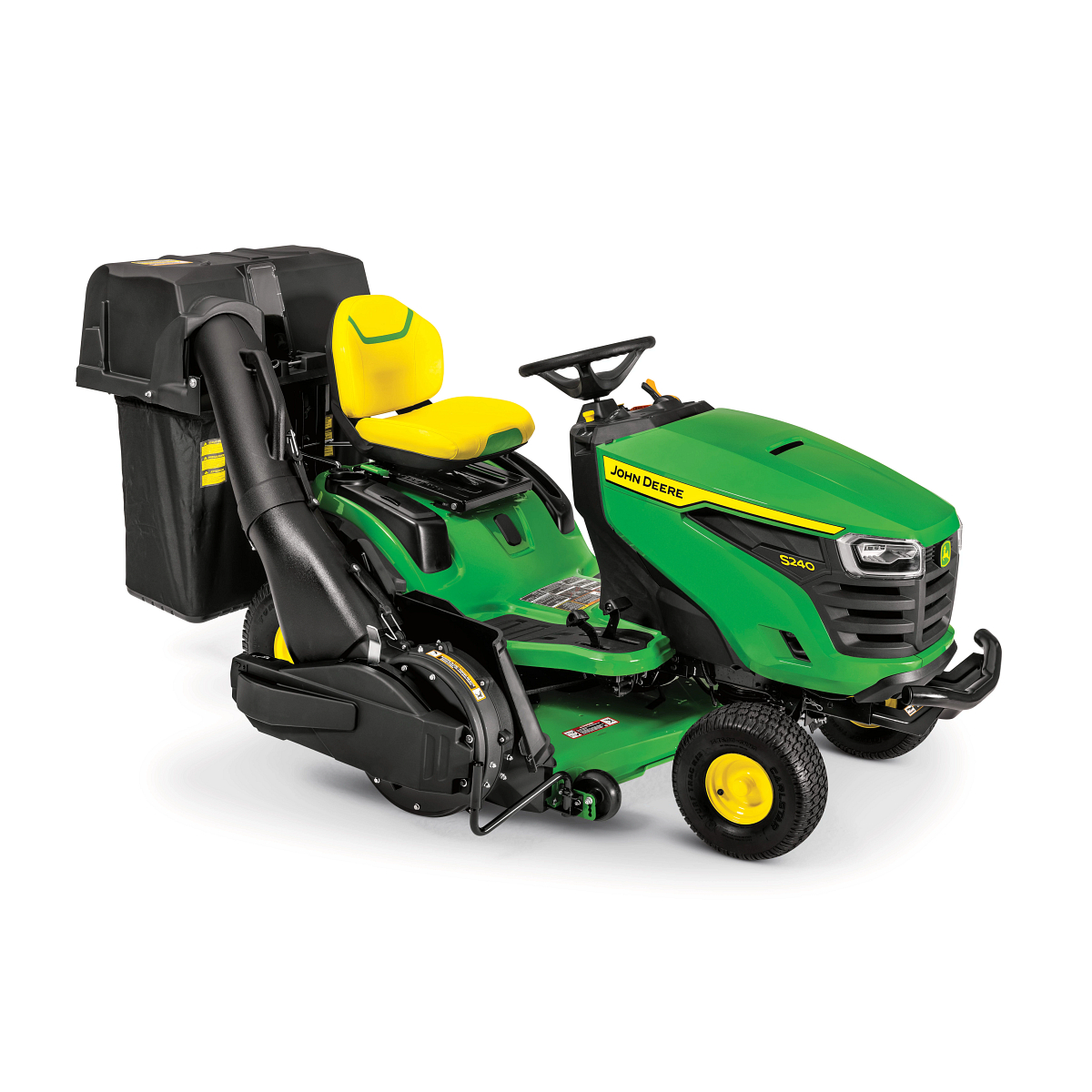 Studio front right view of an S240 Lawn Tractor with attached black rear bagger