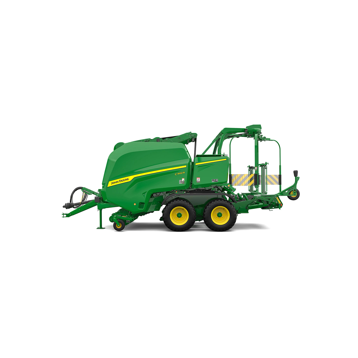Studio rendering of C462R baler shown in left-side profile on a white background, featuring a green body, yellow tandem wheels, integrated wrapping system, pickup assembly, hydraulic hoses, and front tow hitch