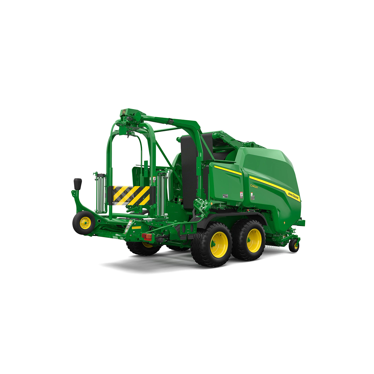 Studio rendering of C462R baler shown from a rear three-quarter angle on a white background, featuring a green body, yellow tandem wheels, open integrated wrapping system, bale transfer platform, safety markings, and pickup assembly