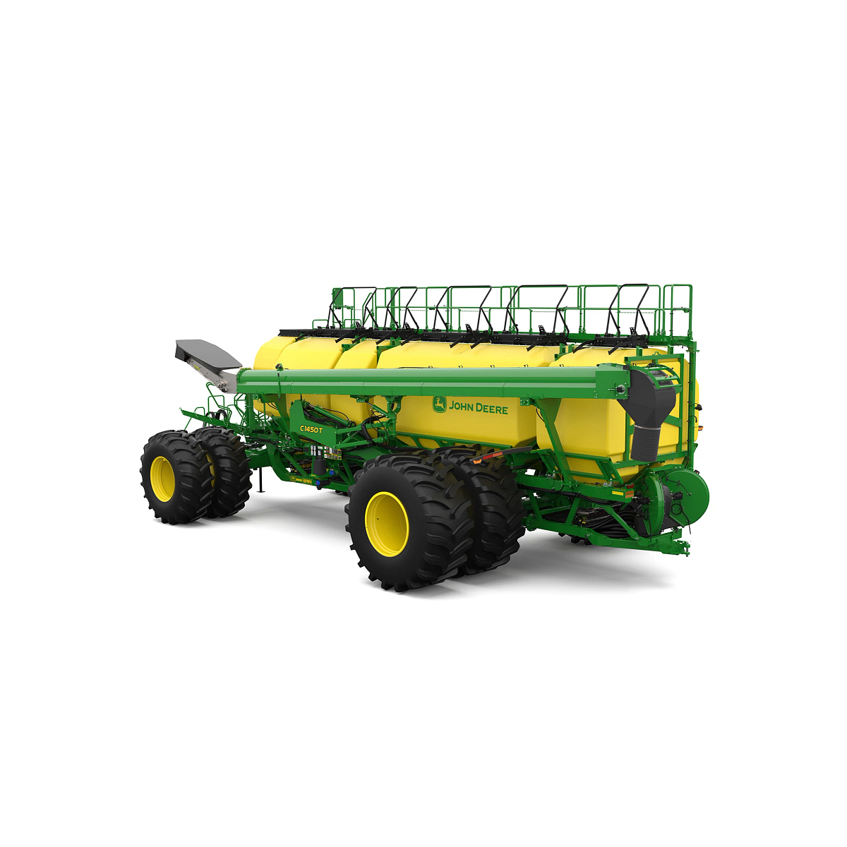 Rear-left-facing studio rendering of C1450T green trailing air cart with yellow tanks on a white background