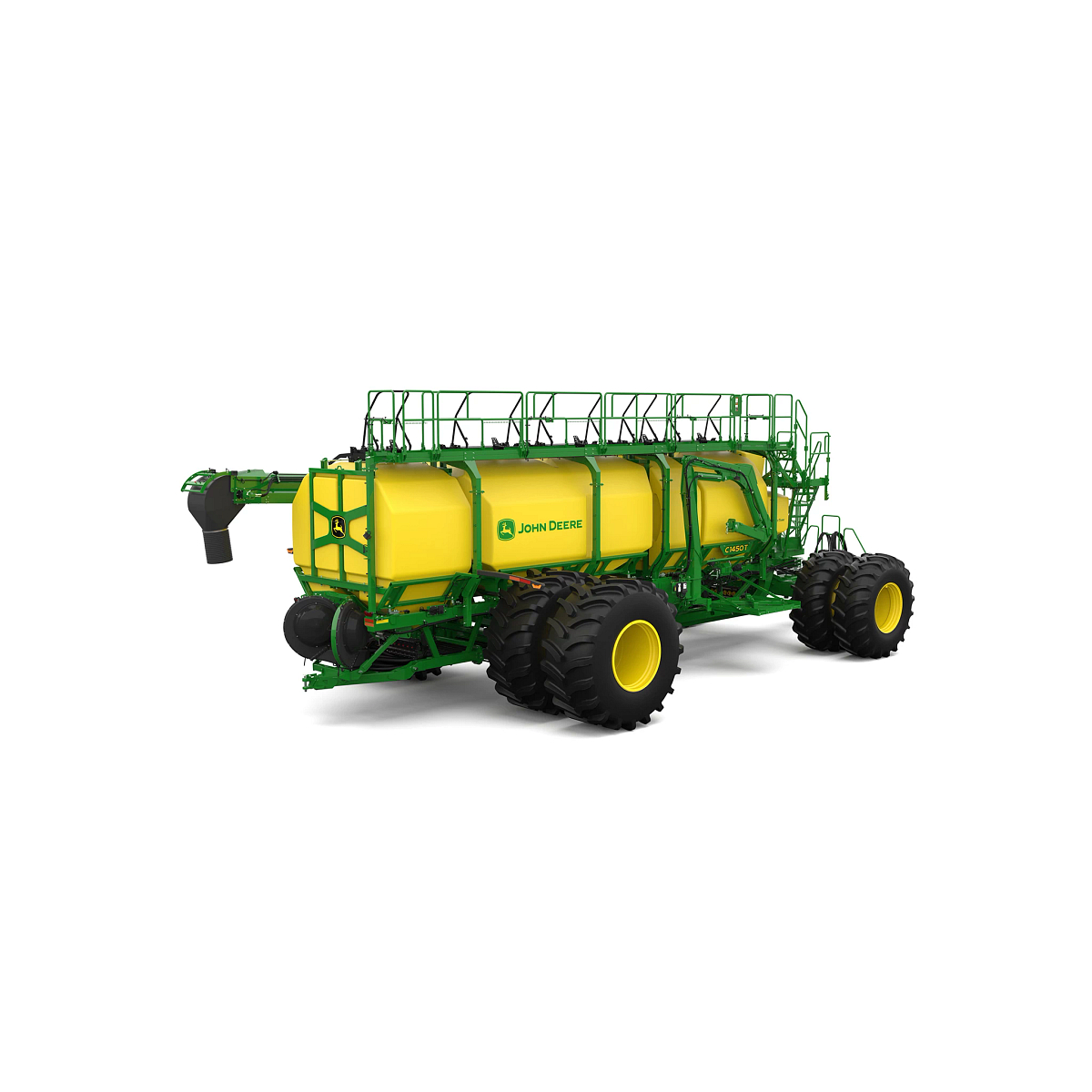 Rear-right-facing studio rendering of C1450T green trailing air cart with yellow tanks on a white background