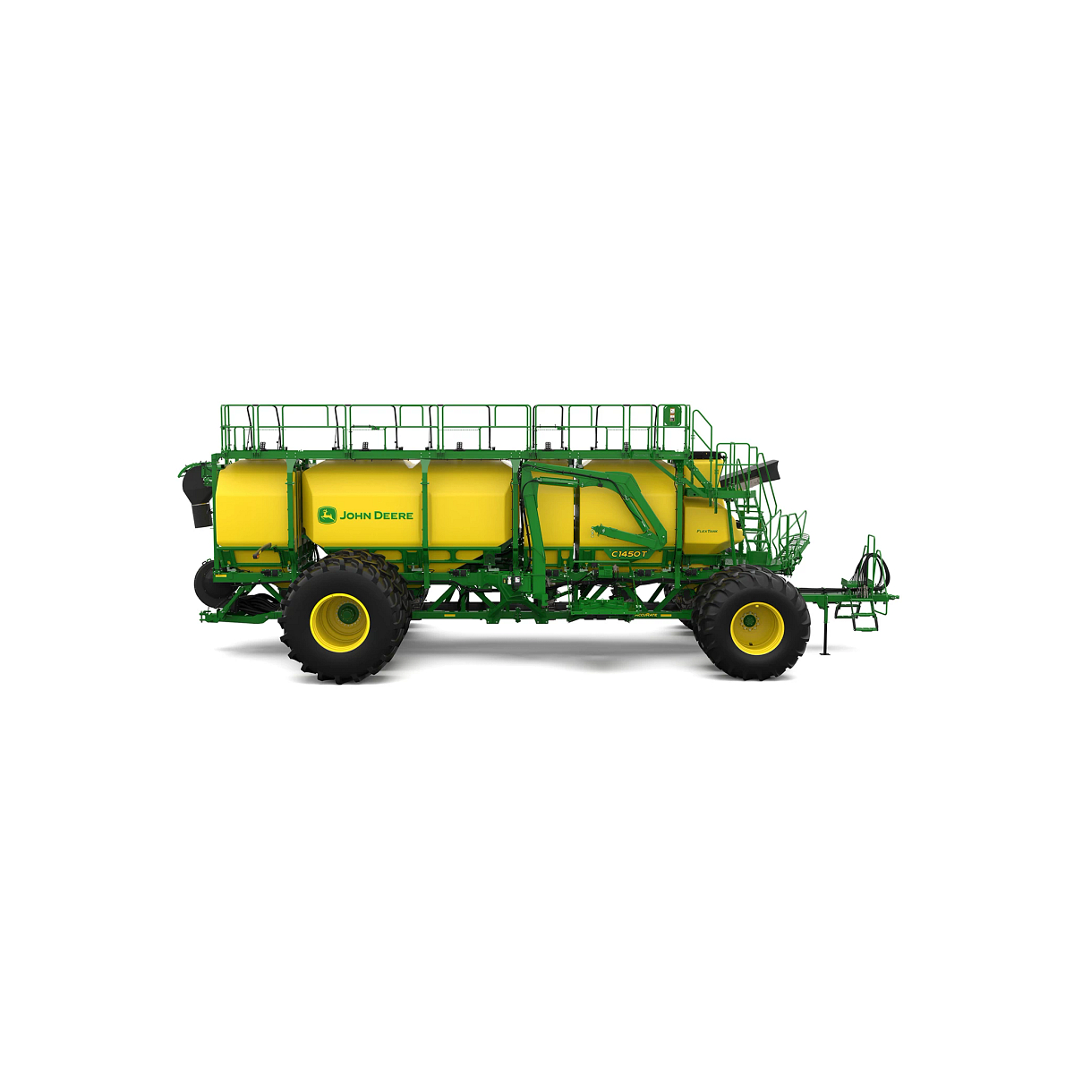 Right-facing studio rendering of C1450T green trailing air cart with yellow tanks on a white background
