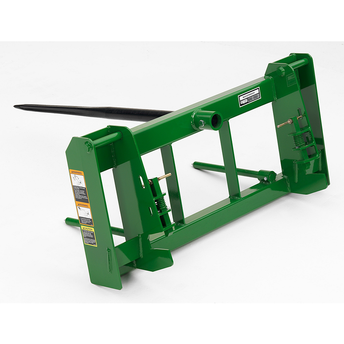 A green pallet‑fork frame with two long steel tines extending forward, displayed against a plain background.