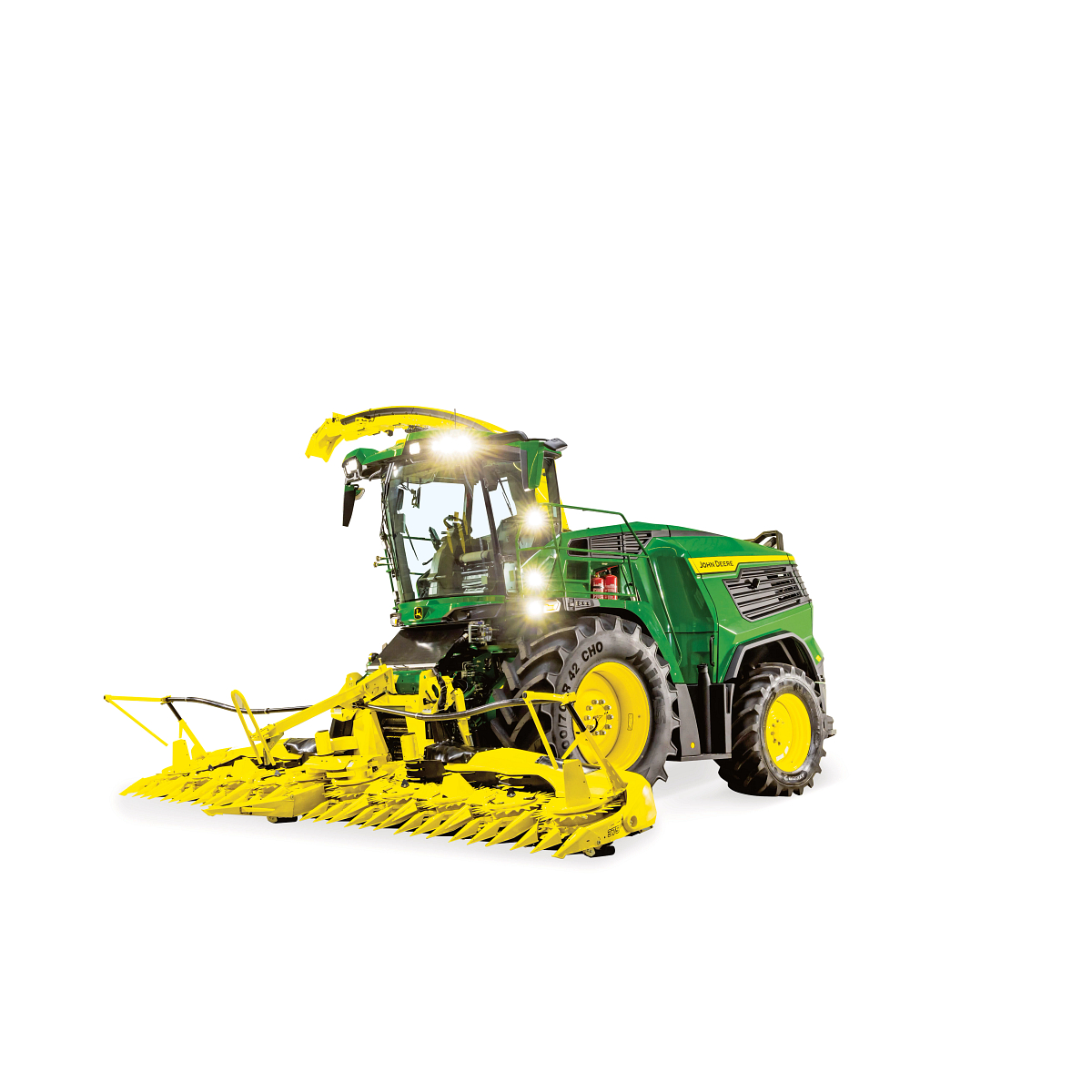 Front left studio image of an F9 500 Self-Propelled Forage Harvester with 375 Rotary Header